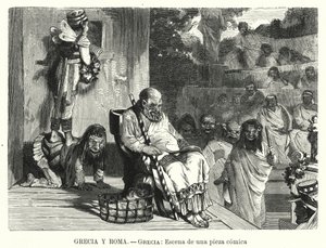 Komedian esitys antiikin Kreikan teatterissa (litho) tekijältä Spanish School