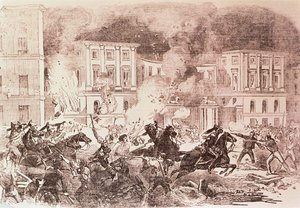 Populistiset kansannousut Madridissa, mellakoittajat yrittävät sytyttää tuleen kuningatar Maria Christinan palatsiin vuonna 1854 (litho) tekijältä Spanish School