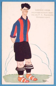 Postikortti, jossa on karikatyyri Barcelonan espanjalaisesta jalkapalloilijasta Vicente Pierasta tekijältä Spanish School