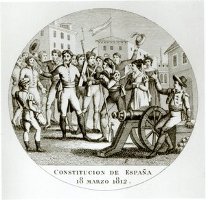 Patrioottien julistus liberaalista perustuslaista 18. maaliskuuta 1812, jonka Cortes julisti Cadizissa tekijältä Spanish School