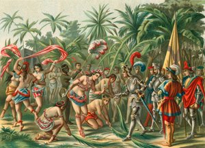 Vastaanotto Anacaonasta, nimeltään kultainen kukka, Hispaniolalta Bartholomew Columbukselle ja Hermano del Almirantelle tekijältä Spanish School