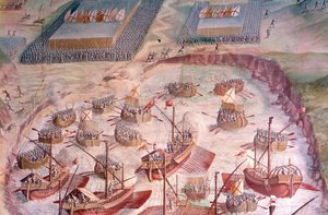 Espanjalaisten galleonien regatta matkalla Acoresiin vuonna 1582 Espanjan kuninkaan Philip II:n (1527-1598) johdolla. 1500-luvun fresko. Taisteluhalli, Escorialin palatsi, Madrid. tekijältä Spanish School