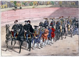 Kvadrillin julkaisu, corrida Espanjassa, litografia sd. 1800-luvulla tekijältä Spanish School
