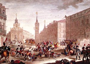 Napoleonin joukkojen vastaiset mellakat Madridissa toukokuussa 1808 (värikaiverrus). tekijältä Spanish School