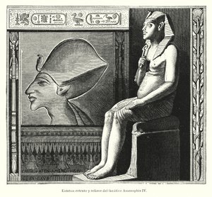 Muinaisen Egyptin faaraon Akhenatenin (Amenhotep IV) istuva patsas ja reliefi (litho) tekijältä Spanish School