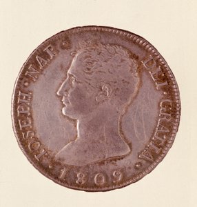 Hopeakolikko (douro tai piastra) Espanjasta: Joseph Napoleonin hallituskausi (1808-1813). 1809 Halk. 4 cm Napoli, museo archeologico tekijältä Spanish School