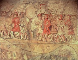 Kuningas James I:n (1208-76) armeijan sotilaita joukko jalkasotilaita jousilla ja lansseilla, yksityiskohta Barcelonan entisen Palacio Realen seinämaalauksesta (seinämaalaus) tekijältä Spanish School