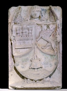 1300-luvun espanjalainen laastari: Kastilian ja Leonin vaakuna, Saint Jacques de Compostelaa muistuttava pelerin sauva, säilytetty Fontenayn, Burgundiassa (Kastilian ja Leonin vaakuna, Espanja) tekijältä Spanish School