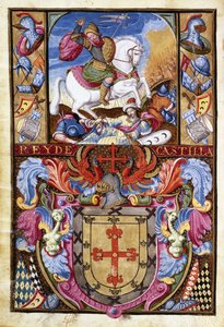 St. James valkoisella hevosella ratsastamassa maurien ruumiiden yli ja Gomezin perheen vaakuna, 1606 tekijältä Spanish School