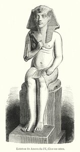 Muinaisen Egyptin faaraon Amenhotep IV:n (Akhenaten) patsas (litho) tekijältä Spanish School