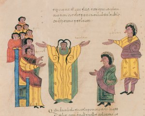 Susanna ja vanhimmat, visigootti-mosaraabilainen Pyhän Isidoreksen Raamattu, fol.324v., A.D. 960 (tempera vellum)