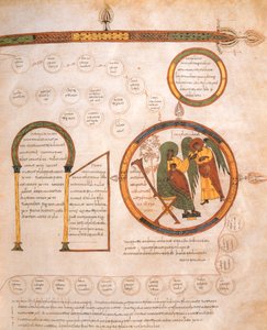 Ilmoitus Marialle ja Jeesuksen sukututkimus, visigoottilais-mozarabilainen Pyhän Isidores-Raamattu, fol.10r., A.D. 960 (tempera on vellum)