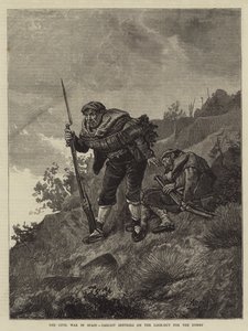 Sisällissota Espanjassa, Carlist Sentries on the Look-out the Enemy (kaiverrus) tekijältä Spanish School