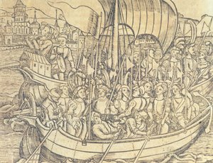 El descobriment del Nou Món de Chrisopher Columbus (1450-1596) il·lustració de "Història general de les Índies i el Nou Món" de Francisco López de Gomara (b.1510) 1554 (gravat) finlandès tekijältä Spanish School