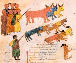 Heprealaiset lähtevät Egyptistä karjansa kanssa, visigoottilais-mozarabilainen Pyhän Isidores-Raamattu, fol.38v., A.D. 960 (tempera on vellum)