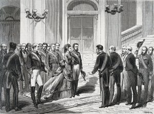 Espanjan kuningas Amedee I (Amedeo Ferdinando Maria di Savoia) (1845-1890) ja hänen vaimonsa kuningatar Maria Victory dal Pozzo della Cisterna (1847-1876) saapuessaan Madridin kuninkaalliseen palatsiin 19.3.1871. Kaiverrus "" La Ilustracion Espanola y Amer tekijältä Spanish School