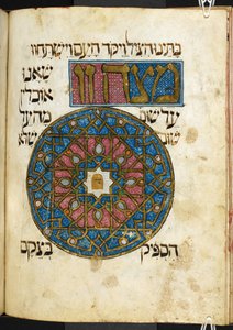 Matsah (happamaton leipä), yksi pakollisista ruoista, joita kulutetaan pääsiäisjuhlan aikana, The Golden Haggadah, Add. 27210, f. 44v (vellum) tekijältä Spanish School