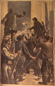 Vallankumousneuvoston julistus Barcelonan kaupungintalossa, 29. syyskuuta 1868 (akvarelli ja kynä paperille) tekijältä Spanish School