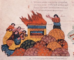 Profeetta Elias rukoilee Karmel-vuorella, että Israelin Jumala tuomittaisiin Baalin pappien edessä ja tuli putoaa taivaasta (1. Kuninkaiden 18), fol.145v., Visigootti-Mosarabialaisen Pyhän Raamatun Raamatusta. tekijältä Spanish School