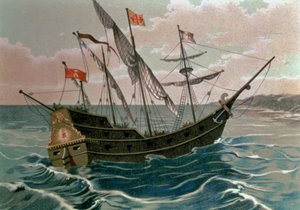 Santa Maria lähestyy uuden maailman rannikkoa vuonna 1492, "The Discovery of America", pub. Barcelona tekijältä Spanish School