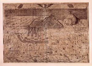 Katalonian nostaminen tai viikatemiessota (1640-1659), Barcelonan päämaja meritse ja maalla Espanjalaisen Filip IV:n (1605-1665) joukkojen toimesta. Kaiverrus 1652. Kaupungin historiallinen museo, Barcelona. tekijältä Spanish School