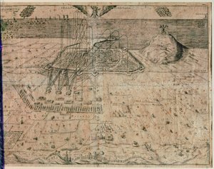 Barcelonan kaupungin piiritys kuningas Filip IV:n joukkojen toimesta Viikatemiessodan aikana 1640-1652 (kaiverrus) tekijältä Spanish School