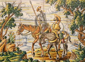 Don Quijotea ja Sancho Panzaa kuvaavat laatat (keraamiset) tekijältä Spanish School