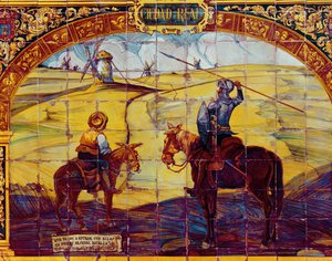 Laatat, jotka kuvaavat Don Quijotea ja Sancho Panzaa valmistautumassa hyökkäämään tuulimyllyjä vastaan (keraamiset) tekijältä Spanish School