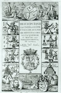 Antonio de Herrera y Tordesillasin kuvauksen Länsi-Intian nimisivu, Madrid-painos, 1725 tekijältä Spanish School