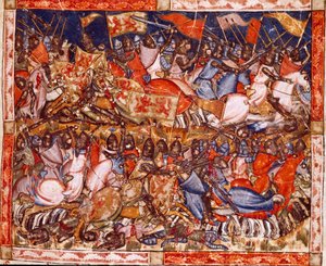 Troijan sota: Hectorin hyökkäyksiä. Yksityiskohta pienoiskoosta espanjalaisesta käsikirjoituksesta "Codex Benito de Santa Mora" tekijältä Spanish School