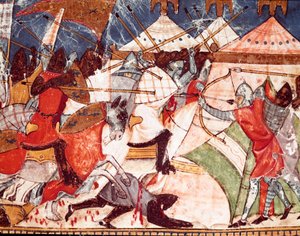 Troijan sota: Troijalaiset tunkeutuvat kreikkalaisten sotilaiden leiriin. Yksityiskohta pienoiskoosta espanjalaisesta käsikirjoituksesta "Codex Benito de Santa Mora" tekijältä Spanish School