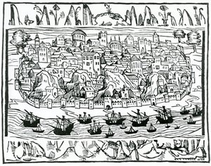 Näkymä Lissabonista Pedro Medinan kirjoittamasta Libro de Grandezas y cosas Memoralder de Espana -teoksesta, 1548 tekijältä Spanish School