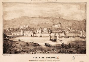 Näkymä Tortosan kaupunkiin Espanjassa Damaso Calbon ja Rochina de Castron "Cabreran ja sisällissodan historiassa" tekijältä Spanish School
