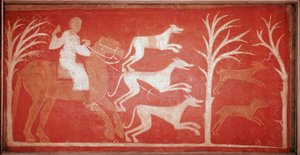 metsästyskohtaus, joka kuvaa koiria juoksemassa pelin perään. 1150. Fresko Baudelio de Berlangan Eremitaasta Soriassa. Säilytä Prado-museossa. tekijältä Spanish School