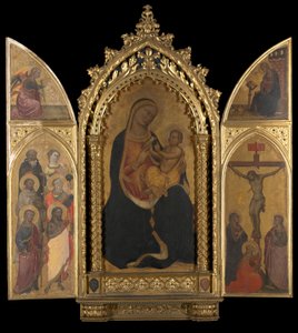 Ristiinnaulitseminen Neitsyt Marian ilmestyksen kanssa tekijältä Spinello Aretino