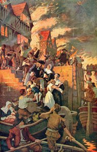 Lontoon suuri tulipalo vuonna 1666, kuvitus Hutchinsonin teoksesta "The Story of the British Nation", noin 1920 (värilitro). tekijältä Stanhope Alexander Forbes