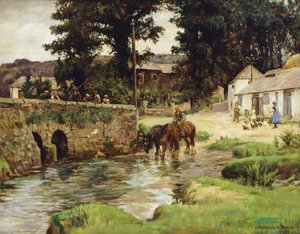 Hevosten juotto kylävirrassa tekijältä Stanhope Alexander Forbes