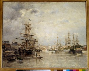 Stanislas Lepinen (1835-1892) maalaus Caenin satamasta 1859 su. 0,72 x 0,91 m Pariisi, Orsay-museo
