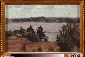 Järven rannalla. Stanislav Julianovich Zhukovsky (Žukovski) (1873-1944) työ, öljy pahville tekijältä Stanislav Joulianovitch Joukovski