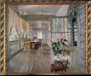 Kartanon terassi. Stanislav Julianovich Zhukovsky (Žukovski) (1873-1944) maalaus öljy kankaalle. venäläistä taidetta