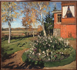 Kukkapenkki. (Talon edessä ja maaseutumaisema). Stanislav Julianovich Zhukovsky (Žukovski) (1873-1944) maalaus, öljy kankaalle