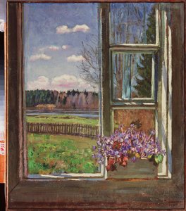 Violetteja ikkunan edessä. Stanislav Julianovitš Žukovski (Žukovski) (1873-1944) maalaus, öljy kankaalle 1931. Venäjän taidetta, 1900-luku, modernia taidetta. Valtion taidemuseo, Dnepropetrovsk (Ukraina).
