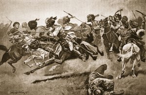 Pao-ting-fun tutkimusmatkalla: Bengal Lancersin hyökkäys, kuva julkaisusta "Battles of the Nineteenth Century: Voi. VII, Kiinan sota 1900-1901", Archibald Forbes, G.A. Henty ja majuri Arthur Griffiths (litho)