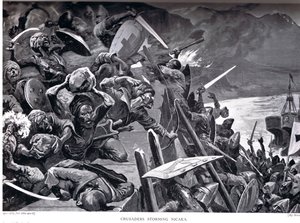 Ristiretkeläiset hyökkäämässä Nikaiaan, kuva Hutchinsonin kansojen historiasta tekijältä Stanley L. Wood