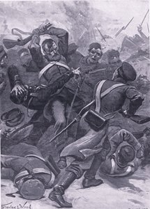 Inkerman: 55. (2. raja) rykmentti hyökkäämässä venäläisiä, kuvitus brittiläisistä taisteluista maalla ja merellä, 1915 tekijältä Stanley L. Wood