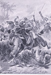 Vapaaehtoinen ratsuväki Lucknowin ulkopuolella, 30. kesäkuuta 1857, kuva brittiläisistä taisteluista maalla ja merellä, 1915 tekijältä Stanley L. Wood