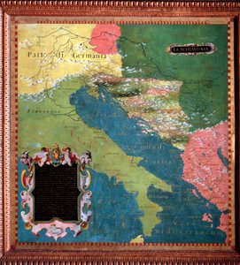 Italia ja Jugoslavia (slaavilaiset maat) Kartan teki Stefano Bonsignori (? -1589) italialainen kosmografi ja taidemaalari. Noin 1581. Firenze, Palazzo Vecchio, Sala del Mappamondo