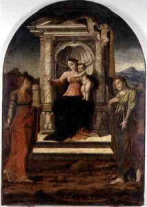 Madonna istui St. Barbaran ja St. Lucian kanssa (öljy paneelissa) tekijältä Stefano Giordano