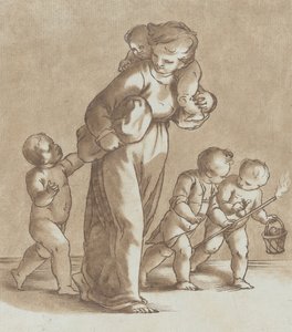 Nuori tyttö kävelee vasemmalle, yksi lapsi olkapäällään ja kädessään toinen..., n. 1780.