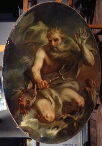Neptunus (Poseidon), jossa on kruunu ja kolmiharkka, jota edustavat merihirviöt (Neptunus). Stefano Torellin (1712-1784) maalaus. Öljy kankaalle